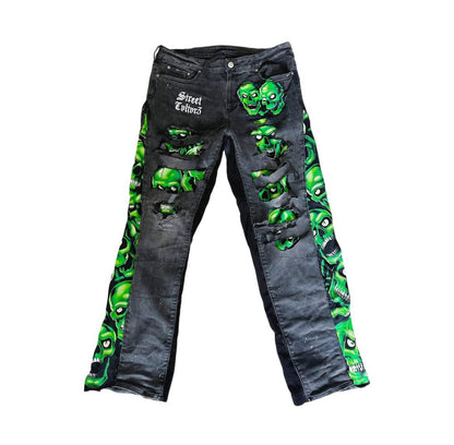 GREEN SKULL FLARE JEANS 2