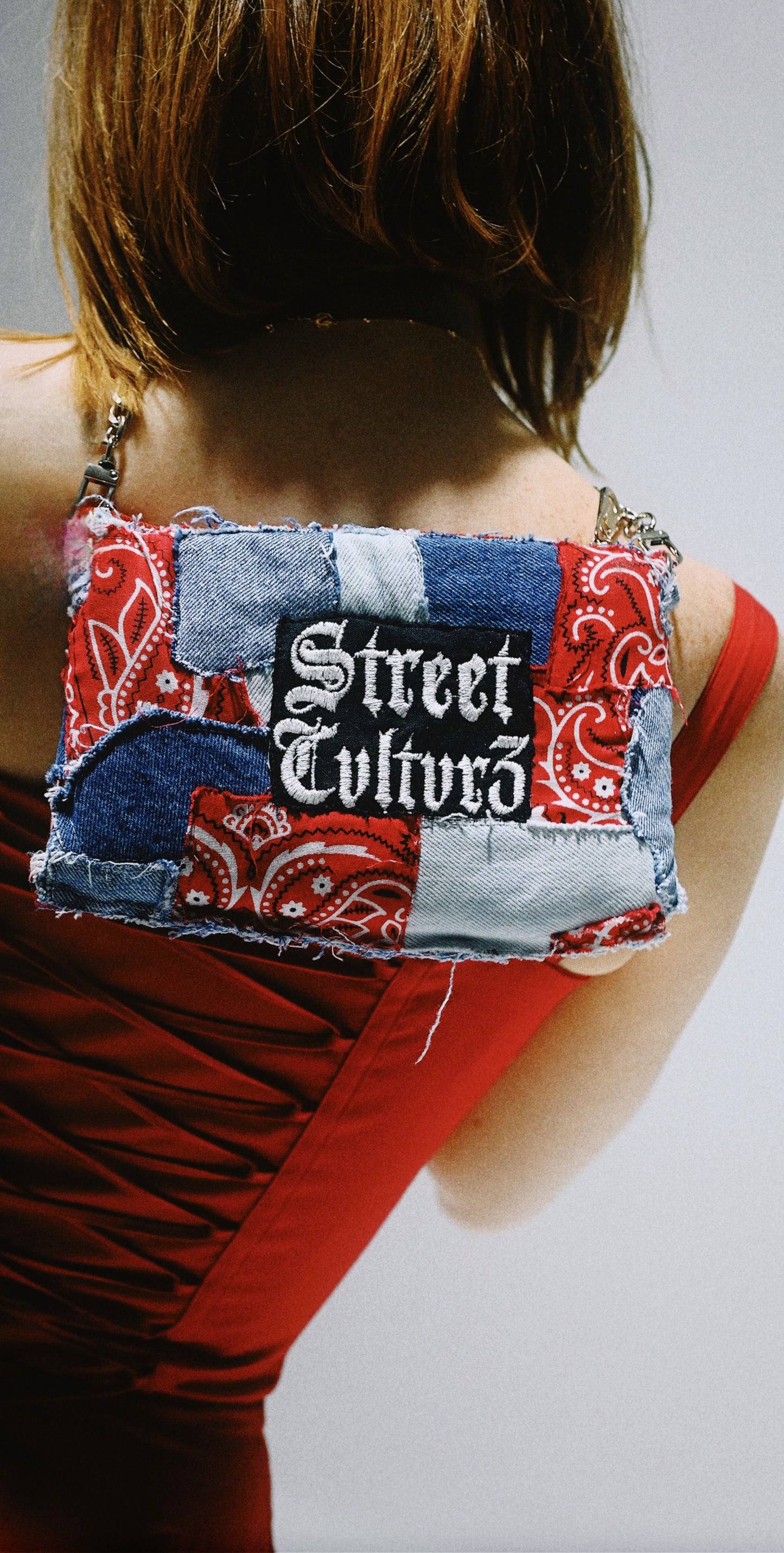 DENIM HAND BAG WITH RED BANDANA