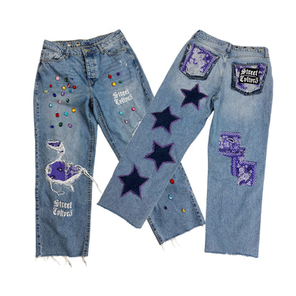 DENIM JEANS WITH GEMS DETAILS